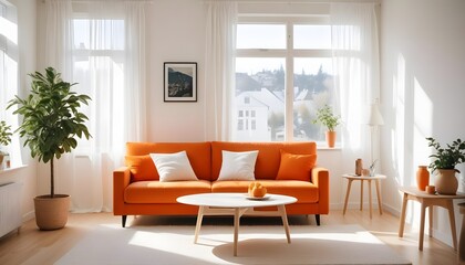 Fototapeta premium Scandinavian style home interior design of a modern living room with a cozy sofa with orange cushions near a white wall with curtains against a window