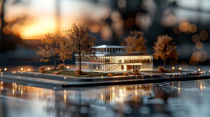 Stunning architectural model with illuminated details, surrounded by miniature trees, captured in a bokeh background at sunset.