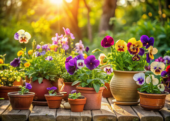 Vibrant pansies and delicate violets spill from rustic ceramic pots and planters on a weathered outdoor table, surrounded by lush greenery and warm sunlight.