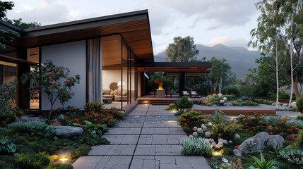 Fototapeta premium Modern house exterior at dusk with landscaped garden, pathway, and mountain view in the background, showcasing outdoor living space.