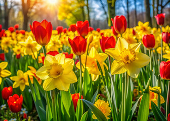 Obraz premium Vibrant yellow daffodils and red tulips bloom in unison, filling a lush green garden with vibrant color and sweet fragrance on a sunny spring day.