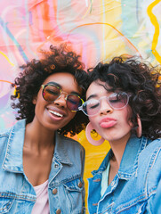 Obraz premium Bright and playful Instagram story scene with two friends taking a selfie in stylish denim jackets, set against a pastel color palette.