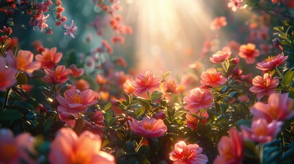 Beautiful sunlight streaming through a garden of vibrant pink flowers, creating a serene and magical atmosphere.