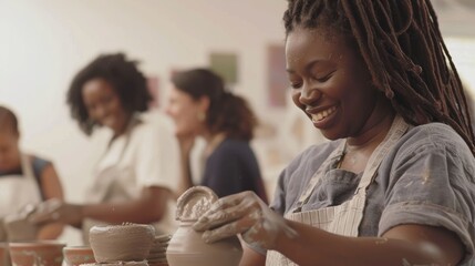 A pottery class, group workshop, or joyful people design a clay sculpture mold or art object. Diversity, ceramic retail store or startup small company owner, artist or studio woman shaping