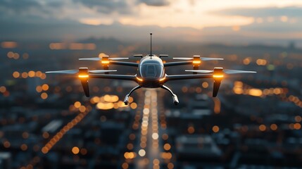 A futuristic drone flying over a city at dusk, with bright lights illuminating the urban landscape below, symbolizing advanced technology.