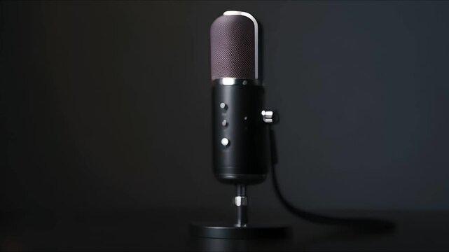 A black microphone with a brown cover stands on a black surface.  The microphone is connected to a black stand and has a cable attached.