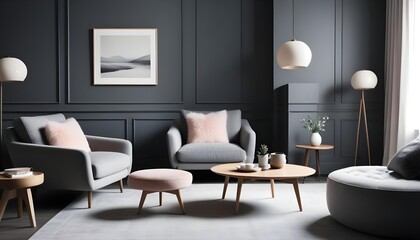 Obraz premium Scandinavian style home interior design of a modern living room with a grey chair and round coffee table near a corner sofa against a dark grey paneling wall
