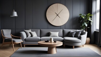 Scandinavian style home interior design of a modern living room with a grey chair and round coffee table near a corner sofa against a dark grey paneling wall