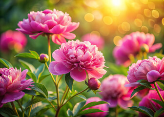 Fototapeta premium Vibrant pink peonies bloom in lush greenery, delicate petals unfolding like silk, against a soft focus bokeh background with warm golden afternoon sunlight filtering through.