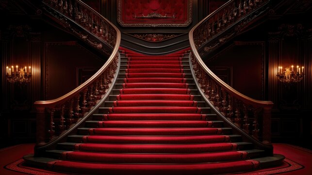 Elegant double staircase with plush red carpet in grand, opulent interior, lit by vintage chandeliers, evoking classic luxury and sophistication.