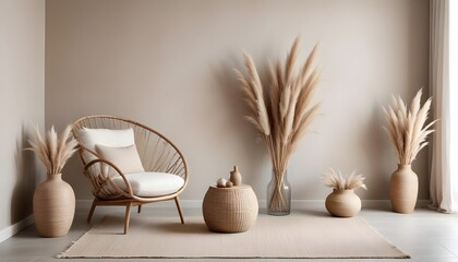 A round lounge chair and a wooden vase with pampas grass stand against a stucco wall with copy space, contributing to the rustic minimalist home interior design of the modern living room