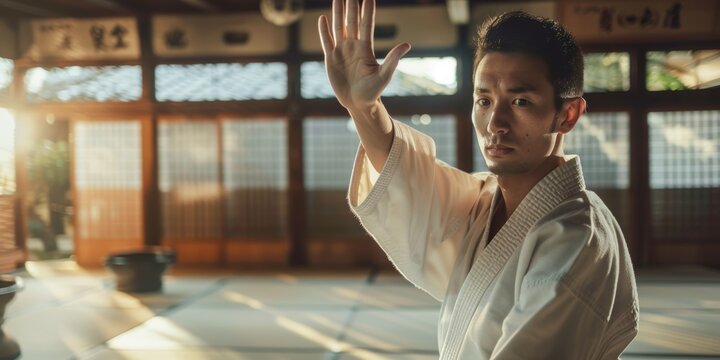 Man, martial arts, aikido dojo, self-defense, wellness, or combat sports. Male, gee uniform and hands or Japanese workout for fitness, battle challenge, or fight power