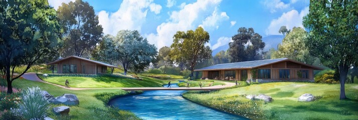 Scenic countryside with cottages by a stream, surrounded by lush greenery and trees under a bright blue sky.