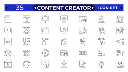Content creator icon set. Modern thin line style of love social media related icons: passion, creator, celebrity, and more. Pictograms and infographics for mobile