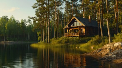 Fototapeta premium Secluded Forest Cabin with Lake View