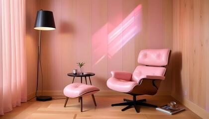 A recliner chair and a floor lamp are placed near a wooden blocks paneling wall, creating a cozy corner in the modern living room