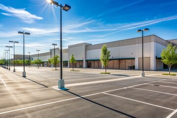 A serene and deserted parking area adjacent to a large retail store building with rows of empty spaces and a few lampposts on a sunny day.