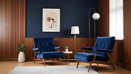 Obraz premium A recliner chair and a floor lamp are placed near a wooden blocks paneling wall, creating a cozy corner in the modern living room