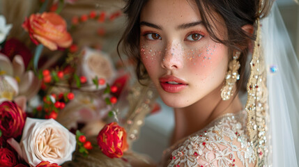 Fototapeta premium A beautiful bride with floral makeup and delicate embellishments on her face, wearing an intricately embroidered dress, against a floral background. Wedding beauty concept