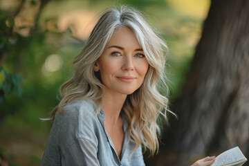 Naklejka premium Reading Beautiful beautiful mature middle-aged woman 60 years old with healthy skin.