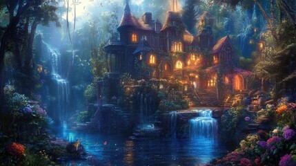 This is an illustration image based on the concept of "Moonlit Night".It's like a magical world. A fantastic castle. High quality photo