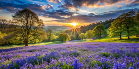 Obraz premium Vibrant bluebells blanket a lush meadow under a serene spring sky, evoking a sense of mystique and enchantment in this expansive, tranquil, and breathtaking natural landscape.