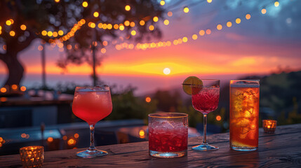 Assorted cocktails on a table with a beautiful sunset and string lights in the background. Concept of relaxation and outdoor dining