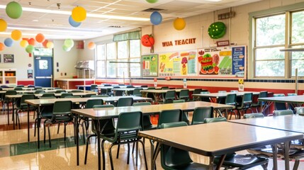 Empty School Cafeteria Tables and Chairs.