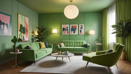 Pop art interior design of a modern living room features colorful upholstered mid-century furniture, creating a vibrant and eye-catching space