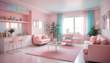 Fototapeta premium Playful interior design defines the studio apartment, creating a modern living room and kitchen that combine functionality and aesthetics