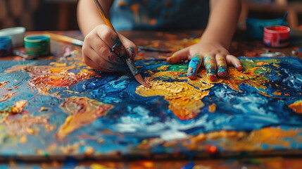 A child painting with colorful paints on a canvas, creating a vibrant and creative artwork. Hands and brush visible, background blurred. Concept of creativity and artistic expression
