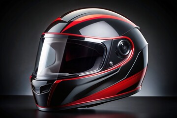 Fototapeta premium Sleek and modern black motorcycle helmet with bold red trim details, perfectly polished, centered on a dark background, evoking speed and power.