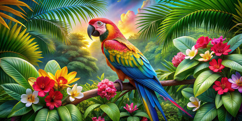 Fototapeta premium Vibrant tropical paradise featuring a colorful macaw perched amidst lush green foliage, exotic flowers, and a mesmerizing leaf pattern in shades of pink, blue, and yellow.