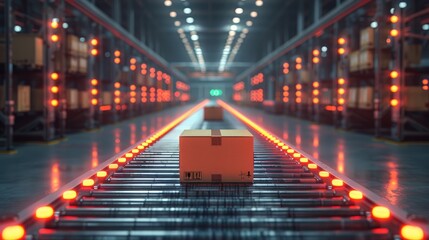 High-tech warehouse with automated conveyor belts transporting packages. Modern logistics and efficient supply chain management.
