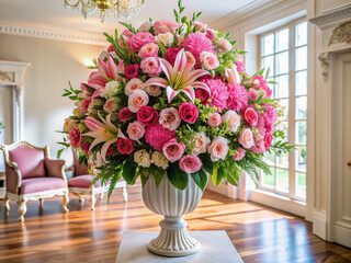 A stunning big bouquet of fresh pink flowers sits majestically on a pedestal in a spacious room with a beautiful arrangement of lilies nearby.