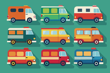 Collection of Nine Colorful Flat-Style Vans with Long Shadows