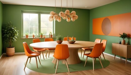 Orange leather chairs are arranged at a round dining table against a green wall, reflecting Scandinavian and mid-century home interior design of the modern living room