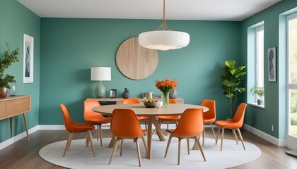 Orange leather chairs are arranged at a round dining table against a green wall, reflecting Scandinavian and mid-century home interior design of the modern living room