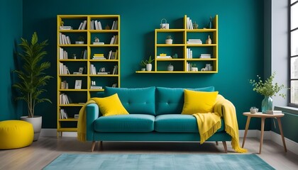 A nice green loveseat sofa adorned with yellow pillows adds vibrancy to the Scandinavian interior design of the modern stylish living room, where a wooden bookcase stands near a teal wall