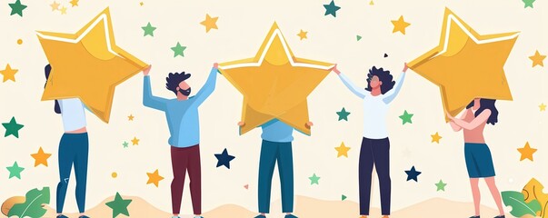 Team celebrating achievement by holding large stars.