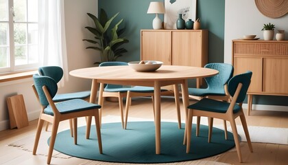 A natural wood round dining table and chairs are placed on a wicker rug in the dining room, accompanied by a wooden cabinet of a Scandinavian style home interior design of the modern living room