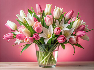 Obraz premium Delicate pink tulips and pure white lilies arrangement in a clear vase on a soft rose-colored background, exuding elegance and perfect for Mother's Day celebration.