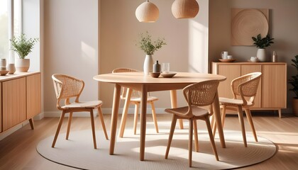 A natural wood round dining table and chairs are placed on a wicker rug in the dining room, accompanied by a wooden cabinet of a Scandinavian style home interior design of the modern living room