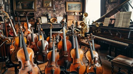 Naklejka premium Violins and Piano in a Music Room.