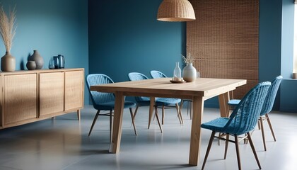 A natural wooden slab dining table is complemented by a wicker chair in the interior design of the modern living or dining room