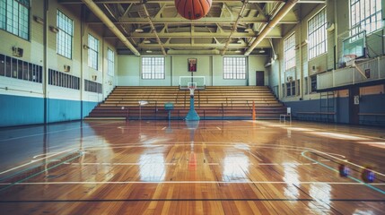 Empty Basketball Court in Old School Gymnasium.