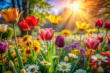 Obraz premium Vibrant and colorful flowers, including tulips, daisies, and sunflowers, bask in the warm sunlight, surrounded by lush greenery in a serene and beautiful garden setting.