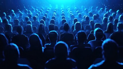 A large number of spectators are sitting in cinema seats, watching a film, dark blue lighting. The atmosphere is dark, realistic and mysterious. concept of activities on holidays, entertainment