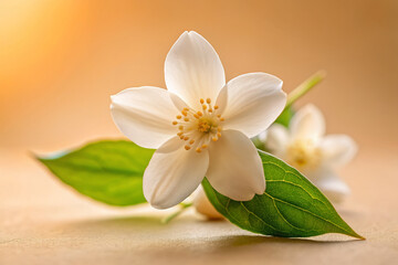 Delicate, fragrant, and utterly serene, a solitary white jasmine bloom unfurls its petals against a soft, gentle, creamy background, exuding elegance and sophistication.