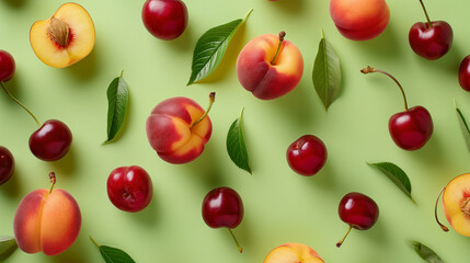 Colorful assortment of cherries and peaches on green background, ideal for summer fruits and healthy eating themes